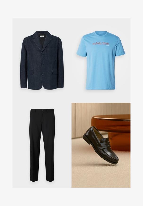 Mørkeblå skræddersyet blazer med tre knapper, notch revers, brystlomme og to forlommer med klap, vist på en hvid baggrund.; Lys blå bomulds t-shirt med korte ærmer og rund halsudskæring, prydet med et stort "calvin klein" logo på tværs af brystet i rød.; Sorte skræddersyede bukser med flad front, standard talje og lige ben. Lavet af glat stof, med en enkelt knaplukning.; Skinnende sort læderloafer med remdetalje, placeret på beige tæppe nær et rundt brunt sofabord i et blødt oplyst rum.