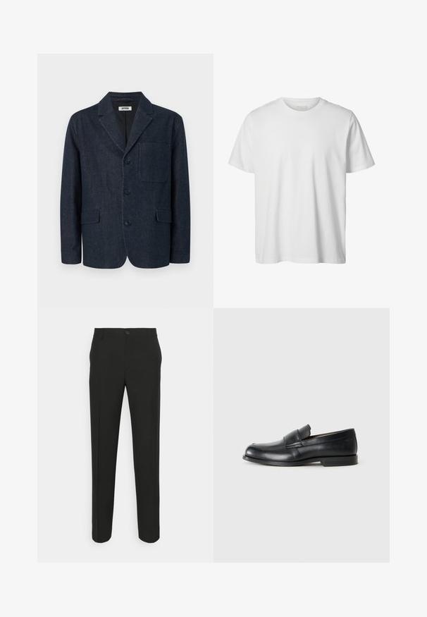 Donkerblauwe op maat gemaakte blazer met drie knopen, notch-revers, borstzak en twee voorzakken met klep, afgebeeld op een witte achtergrond.; Eenvoudig wit T-shirt met korte mouwen en ronde hals, losse pasvorm en zonder zichtbare logo's of ontwerpen aan de voorkant.; Zwarte tailleurbroek met rechte snit, voorzien van een enkele knoopsluiting en ceintuurlussen. Glad, matte stof zonder patronen.; Zwarte leren instappers met een ronde neus, gestikte details en een vlakke rubberen zool. Heeft een brede band over de wreef.