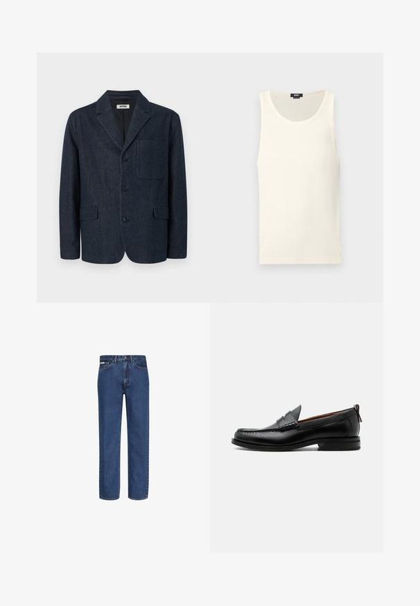 Donkerblauwe op maat gemaakte blazer met drie knopen, notch-revers, borstzak en twee voorzakken met klep, afgebeeld op een witte achtergrond.; Witte katoenen tanktop met een geribbelde textuur, een ronde halslijn en zonder mouwen. Voorzien van een klein logolabel aan de onderkant links.; Blauwe jeans met rechte pijpen gemaakt van denim, voorzien van vijf zakken, een knoop- en ritssluiting, en subtiele vervaging op de stof.; Zwarte leren herensloffen met moc toe stiksel, pennyriem, gestructureerde kraag en lage gestapelde hak op witte achtergrond.