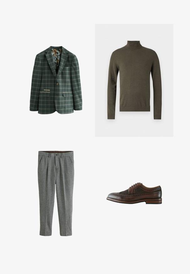 Blazer vert à carreaux avec un bouton unique, présentant une doublure intérieure à motifs de tigres, deux poches avant et un col classique.; Pull à col roulé vert olive en tricot doux et texturé. Présente des manches longues et un col et un ourlet côtelés, axés sur le confort et l'ajustement.; Pantalons en laine gris avec une surface texturée, dotés d'une coupe droite, d'un devant plissé et de poches latérales. Doublure intérieure marron visible à la taille.; Chaussure brogue à bout wingtip en cuir marron foncé avec perforations décoratives, fermeture à lacets et semelle en bois avec talon superposé.