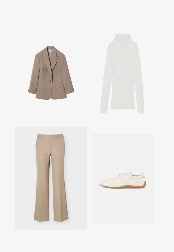 Brun skræddersyet blazer med knapkrave, to frontlommer, enkelt knaplukning og detaljer i guldfarvet hardware. Klassisk pasform.; Hvid ribbet turtle neck striktrøje med lange ærmer, blød tekstur og høj rullekrave, der har en tætsiddende design uden synlige lukninger.; Beige damebukser med bæltestropper, frontfold og lige brede ben på en ens hvid baggrund.; Hvid lædersneaker med en glat tekstur, rund tå og tonale syninger. Har en tanfarvet gummisål og snørebånds-lukning.