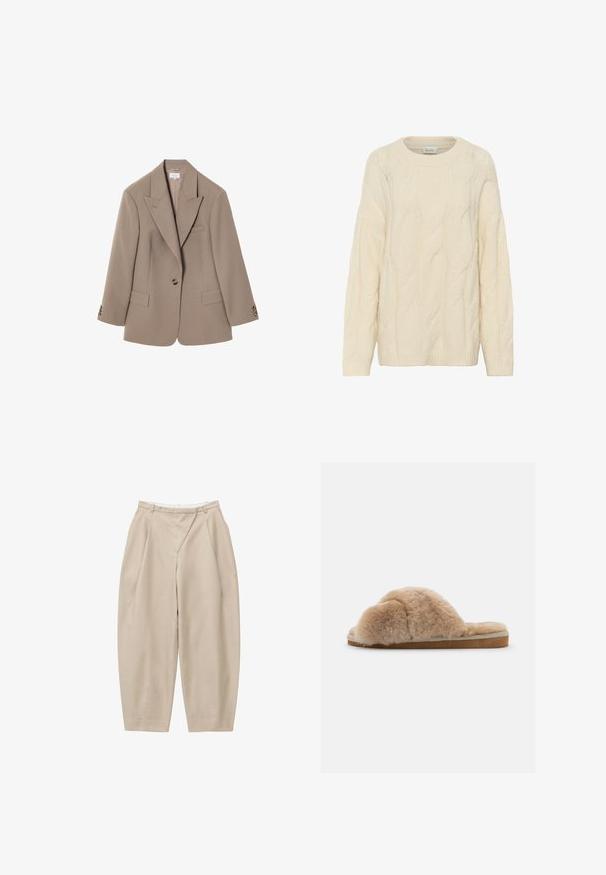 Brun skræddersyet blazer med knapkrave, to frontlommer, enkelt knaplukning og detaljer i guldfarvet hardware. Klassisk pasform.; Creme farvet kabelstrik sweater med rund udskæring, lange ærmer og strukturerede mønstre, lavet af et blødt, chunky strikstof.; Beige bukser med høj talje og vide ben med plisseringer, bæltestropper og en frontsømm, vist på en hvid baggrund.; Fuzzy beige hjemmesko med blød tekstur, åben bag og indvendig foring. Flad sål med en lysebrun bund og beige syning.