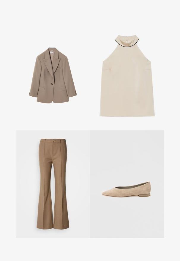 Brun skræddersyet blazer med knapkrave, to frontlommer, enkelt knaplukning og detaljer i guldfarvet hardware. Klassisk pasform.; Beige, ærmeløs halterneck-top i glat stof med høj krave og lynlås bagpå, der har et minimalistisk design uden synlige mønstre.; Brune, flagrende bukser med en glat tekstur, der har en frontknaplukning og lodrette sømme for struktur.; Beige ruskind damesko med flad sål, spids tå og lille hæl, vist fra siden på en ensfarvet lys baggrund.