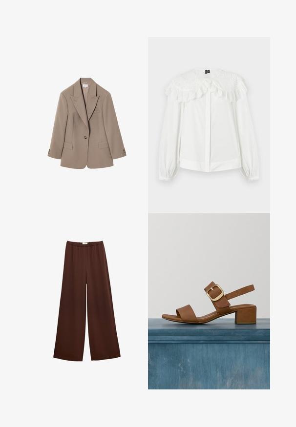 Brun skræddersyet blazer med knapkrave, to frontlommer, enkelt knaplukning og detaljer i guldfarvet hardware. Klassisk pasform.; Hvid bluse med lange ærmer med en stor broderet øjelet blonderkrave og flæsekant, med skjulte knapper foran og ærmer med manchet.; Brune bukser med vide ben, elastisk taljebånd, løs pasform og glat stof, velegnet til afslappet eller semi-formelt brug.; Brune læder hælesandal med en bred rem og en guld spænde detalje. Har en mellemstor blokhæl og en glat, mat finish.