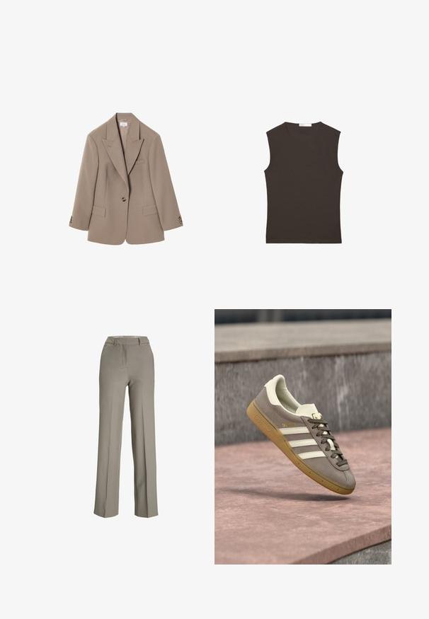 Brun skræddersyet blazer med knapkrave, to frontlommer, enkelt knaplukning og detaljer i guldfarvet hardware. Klassisk pasform.; Ærmeløs mørkebrun t-shirt med rund hals og lige kant, vist fladt på en hvid baggrund.; Lys grå, brede bukser lavet af et glat stof med en skræddersyet talje, frontfolder og sidelommer.; Lysebrun ruskinds Adidas-sneaker med hvide striber og gummisål, svævende over lyserøde stentrapper udendørs.