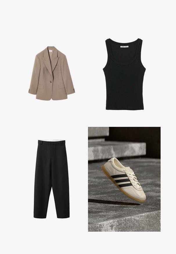 Brun skræddersyet blazer med knapkrave, to frontlommer, enkelt knaplukning og detaljer i guldfarvet hardware. Klassisk pasform.; Sort ribbet ærmeløs tanktop med rund halsudskæring og lige kant, etiket på indersiden bag på nakken.; Sorte bukser med lige ben, bæltestropper, frontlynlås og et rent, enkelt design, der passer til både formelt og afslappet brug.; Hvid sneaker med sorte striber og gummisål svæver over betontrapper i blødt dagslys.