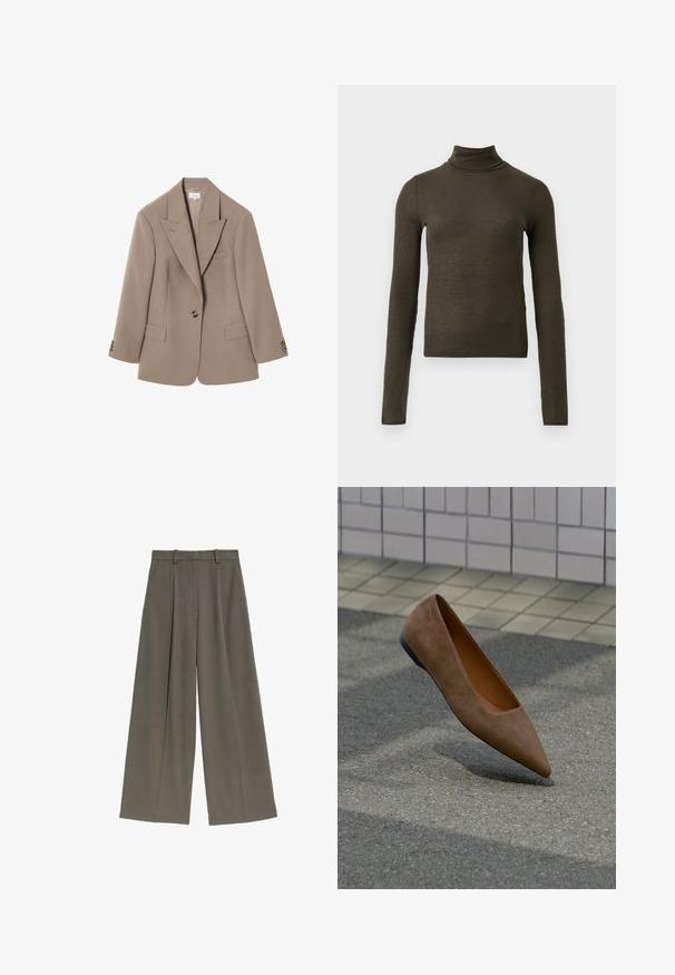 Blazer marron sur mesure avec un col à revers, deux poches avant, fermeture à un bouton et détails en métal doré. Design classique.; Haut à col roulé à manches longues de couleur vert olive foncé, à côtes, avec une coupe slim et une longueur légèrement raccourcie, sur fond clair.; Pantalon à jambes larges de couleur vert olive doux. Confectionné dans un tissu doux au toucher lisse, il présente des plis à l'avant et une taille classique.; Chaussure plate en daim marron à bout pointu flottant au-dessus de l'asphalte avec un mur carrelé et un trottoir en arrière-plan.