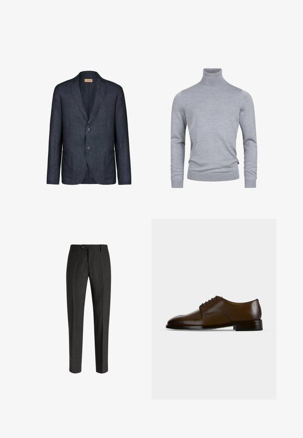 Mørkeblå linnedblazer med hakket krave, to knapper og to forlommer, med glat tekstur og minimalistisk design.; Grå turtleneck sweater lavet af et blødt strikket stof. Har lange ærmer og en tætsiddende design med ribbede manchetter og kant. Enkel, glat tekstur.; Boggi Milano Chino - charcoal; Brun læder herresko med lukket snøring, lav hæl og glat poleret overflade vist i sideprofil mod en ensfarvet baggrund.