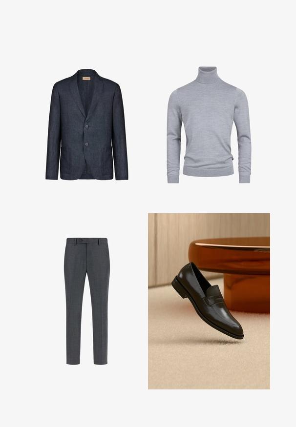 Mørkeblå linnedblazer med hakket krave, to knapper og to forlommer, med glat tekstur og minimalistisk design.; Grå turtleneck sweater lavet af et blødt strikket stof. Har lange ærmer og en tætsiddende design med ribbede manchetter og kant. Enkel, glat tekstur.; Mørkegrå skræddersyede bukser i en tekstureret uldblanding, med flad front, sidelommer og enkelt knaplukning. Slim fit design.; Sort læderloafer med et elegant design, der har et struktureret bånd og en glat finish. Placeret mod en blød, lys baggrund.