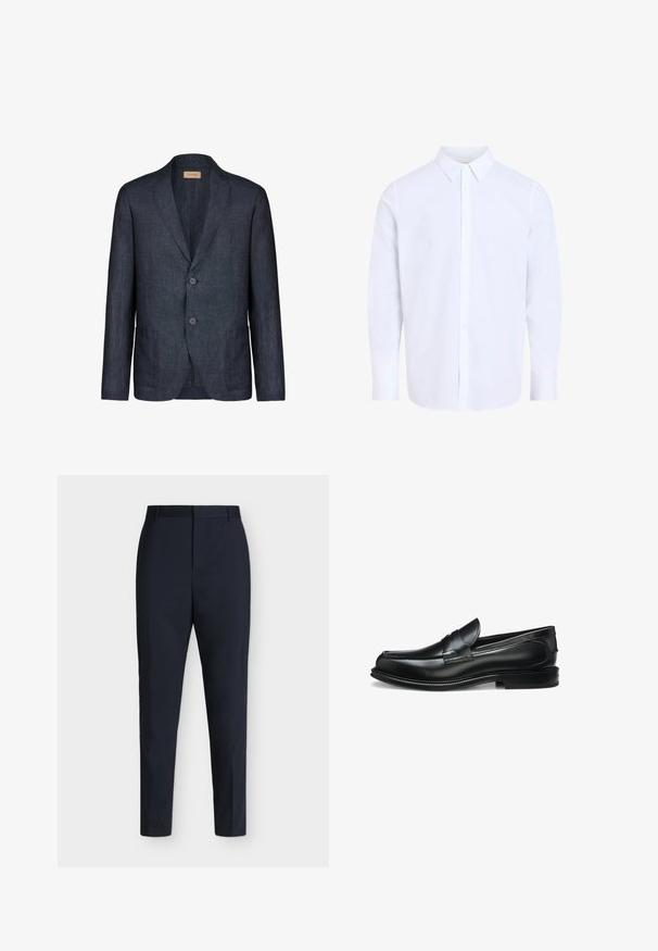 Mørkeblå linnedblazer med hakket krave, to knapper og to forlommer, med glat tekstur og minimalistisk design.; Hvid, langærmet skjorte med knapper, klassisk krave, lavet af glat stof, med knapstolpe foran og afrundet kant.; Mørkeblå formelle bukser med slim pasform, bæltestropper og skjult frontlukning, vist fladt på en ensartet lys baggrund.; Sort læder penny loafer med lav hæl, syninger og glat poleret finish vist fra siden på en hvid baggrund.