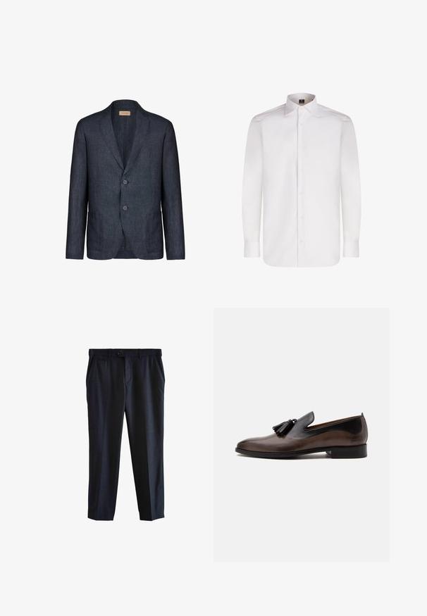 Mørkeblå linnedblazer med hakket krave, to knapper og to forlommer, med glat tekstur og minimalistisk design.; Hvid langærmet skjorte med knapper lavet af glat stof, med klassisk krave og rund kant, der har forknapper og manchetter.; Mørk navy bukser lavet af glat stof, med lige ben design, forlommer og en enkelt knaplukning i taljen.; Herre brun læderloafers med sorte kvaster og sort hæl, poleret finish, sideprofil på hvid baggrund.