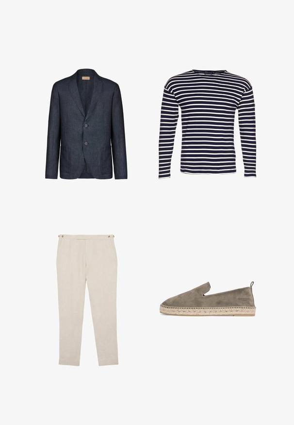 Mørkeblå linnedblazer med hakket krave, to knapper og to forlommer, med glat tekstur og minimalistisk design.; Armor lux LOCTUDY MARINIÈRE - Langærmet T-shirt - navire/nature; Beige skræddersyede bukser med sidelommer og knapdetaljer ved linningen, med en slank, lige ben-cut.; Grå ruskinds slip-on espadrille med en flettet jutesål, der har udskårne sider og en lille løkke bagpå for nem påtagning.