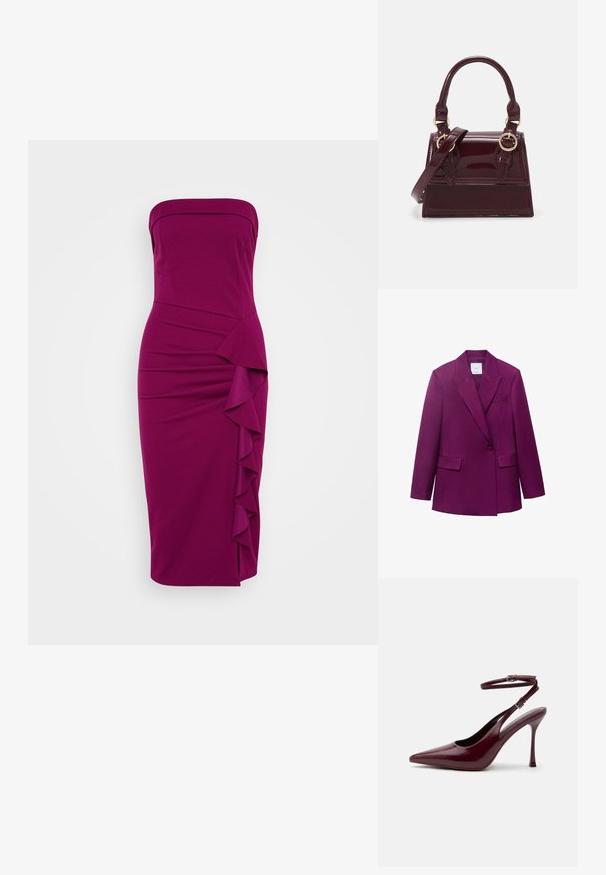 Blazer ajusté violet avec revers à cran, fermeture à un bouton, deux poches avant et texture lisse.; WAL G. LOLO RUFFLE MIDI - Robe de soirée - plum; Chaussure à talon haut bordeaux brillant à bout pointu avec bride de cheville et boucle, talon aiguilles fin, vue de côté sur fond uni.; Sac à main en cuir verni bordeaux avec une forme structurée, équipè de poignées doubles et d'une bandoulière réglable. Doté de garnitures en métal doré et d'accents cousus.