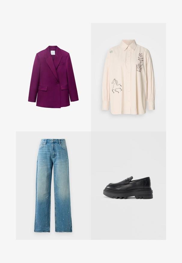 Blazer ajusté violet avec revers à cran, fermeture à un bouton, deux poches avant et texture lisse.; Chemise button-up beige clair avec des rayures verticales, ornée de motifs de licorne et de plantes brodés sur le devant. Manches longues avec détails aux poignets.; Jean bleu ample en denim, avec un délavé léger, des zones usées et des éclaboussures de peinture blanche éparpillées. Design à cinq poches.; Mocassin en cuir noir avec une semelle épaisse noire et un détail de sangle texturé. La finition lisse et la forme arrondie renforcent son design contemporain.