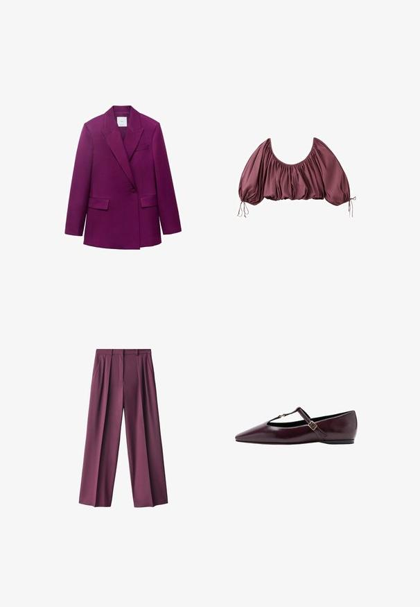 Blazer ajusté violet avec revers à cran, fermeture à un bouton, deux poches avant et texture lisse.; Blouse courte épaules dénudées en mauve foncé, avec tissu froncé et manches bouffantes élastiquées, nouées aux poignets.; Pantalons larges violets foncés en tissu lisse, dotés de plis à l'avant et de poches latérales, conçus avec une coupe ajustée pour plus de confort.; Ballerine à bout pointu en cuir bordeaux foncé. Elle présente une bride T avec une petite boucle et un talon bas. Texture lisse avec des accents minimalistes.