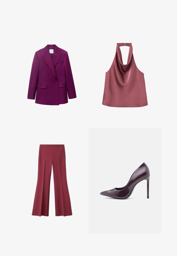 Blazer ajusté violet avec revers à cran, fermeture à un bouton, deux poches avant et texture lisse.; Top sans manches mauve à col halter avec un drapé à l'avant et une petite fermeture à clip à l'arrière du col.; Pantalon bordeaux à jambes larges avec une taille haute, présentant des plis sur le devant et un tissu lisse et texturé. Lignes épurées et absence de fermetures visibles.; Chaussure à talon haut en cuir verni violet avec bout pointu et côtés ouverts, dotée d'un talon aigu et d'une finition lisse et brillante.