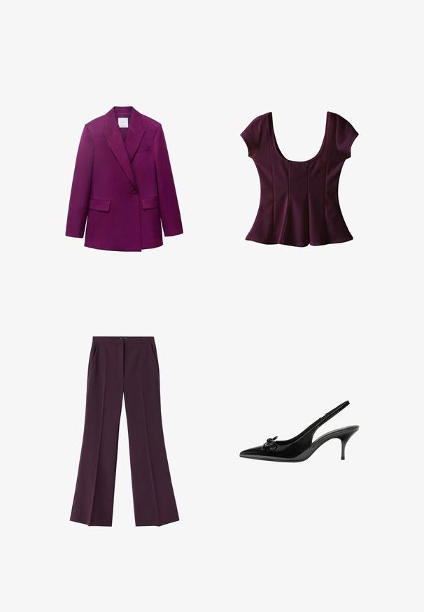 Blazer ajusté violet avec revers à cran, fermeture à un bouton, deux poches avant et texture lisse.; Haut ajusté à manches courtes violet foncé avec un décolleté en U profond et une taille légèrement évasée, présenté sur un fond blanc.; Pantalon large violet foncé avec poches avant et fermeture avant cachée, présenté sur fond blanc.; Chaussure slingback en cuir verni noir avec un bout pointu, un talon bas et un détail de nœud décoratif sur le côté. Texture lisse sur toute la surface.