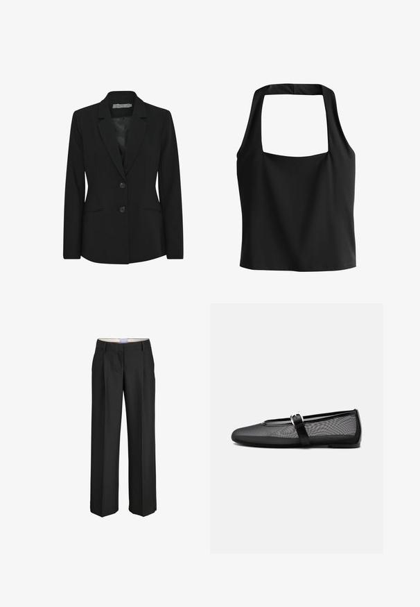 Blazer negro con un corte estructurado, diseño de un solo botón, solapas con muesca, dos botones en la parte delantera y bolsillos laterales. Textura de tela suave.; Top sin mangas negro estilo halter con escote cuadrado y espalda abierta, ajuste entallado, hecho de tela suave.; Pantalones negros a medida de pierna recta con presillas para cinturón y líneas de pliegue frontales, mostrados sobre un fondo blanco liso.; Bailarina negra de malla con punta redonda y correa ajustable estilo Mary Jane con hebilla plateada, sobre un fondo liso gris claro.