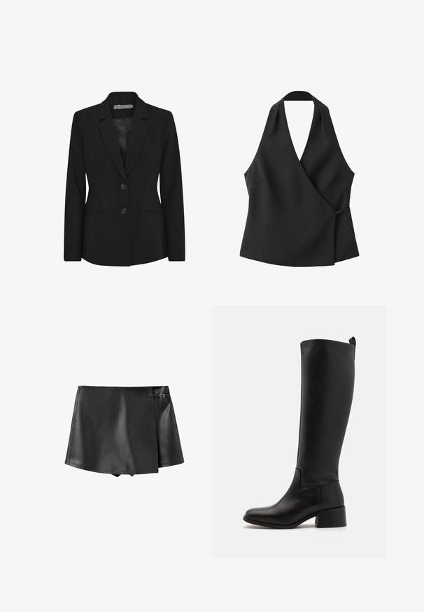 Blazer negro con un corte estructurado, diseño de un solo botón, solapas con muesca, dos botones en la parte delantera y bolsillos laterales. Textura de tela suave.; Top negro sin mangas cruzado con escote halter y detalle de lazo lateral sobre fondo blanco.; Mini falda negra de cuero sintético con solapa frontal superpuesta y pequeño detalle de hebilla lateral.; Bota negra hasta la rodilla hecha de cuero suave con tacón bloque, punta redondeada y un diseño elegante y sin adornos.