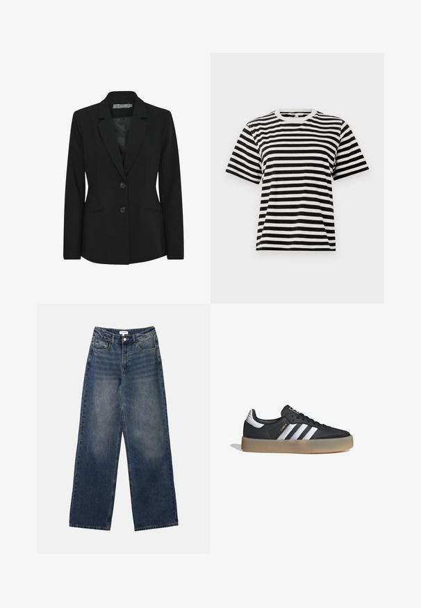 Blazer negro con un corte estructurado, diseño de un solo botón, solapas con muesca, dos botones en la parte delantera y bolsillos laterales. Textura de tela suave.; Camiseta de algodón a rayas blancas y negras, con cuello redondo y mangas cortas, con rayas horizontales de diferentes grosores.; Vaqueros de hombre de tiro alto en denim azul, con pernera ancha, botón y cremallera frontales, y bolsillos delanteros y traseros.; Zapatilla deportiva de cuero negro con tres rayas plateadas, punta texturizada y suela de goma. Cuenta con un collar acolchado y un diseño con cordones.