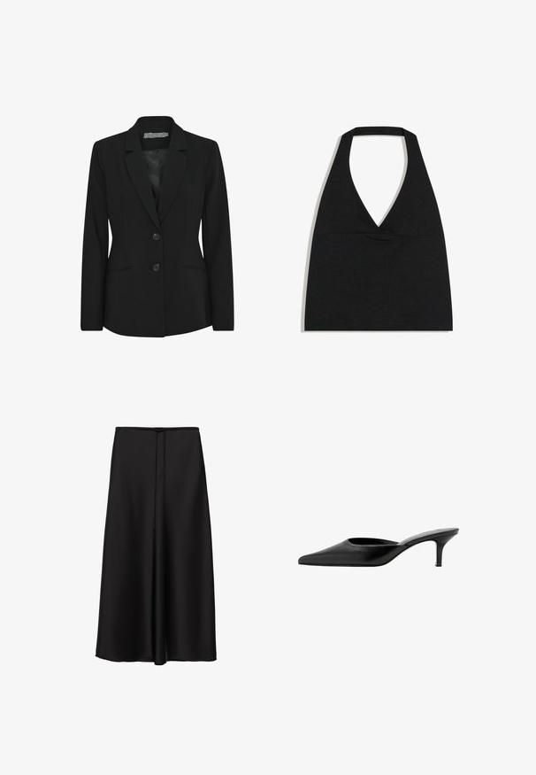 Blazer noir avec une coupe structurée, design à un seul bouton, revers crantés, deux boutons avant et poches latérales. Texture de tissu lisse.; Haut court noir à col licou avec un profond décolleté en V et une large bretelle autour du cou sur fond blanc.; Longue jupe noire à texture lisse, avec un cordon fin à la taille et un design fluide légèrement évasé.; Mule en cuir noir à bout pointu, avec un petit talon fin et un design sans contrefort pour enfiler facilement.