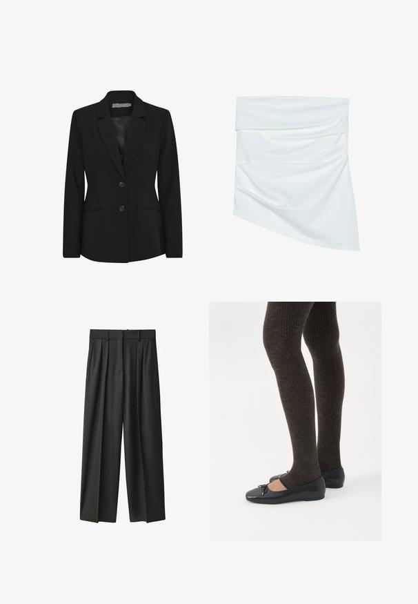 Čierny blazer so štruktúrovaným strihom, jednoradovým dizajnom, klopami a dvoma prednými gombíkmi, s bočnými vreckami. Hladká textúra látky.; Biela mini sukňa z látky s drapovaným dizajnom, ktorá má jemnú textúru a asymetrický strih, prehnutá v páse pre zvýraznenie štýlu.; Čierne nohavice s širokými nohavicami vyrobené z hladkej látky. Majú vysoký pás, pútka na opasok a predné sklady pre zvýšenú štruktúru.; Nohy v tmavých pásikavých legínach v kombinácii s čiernymi balerínkami s malými mašličkami na bielom pozadí.