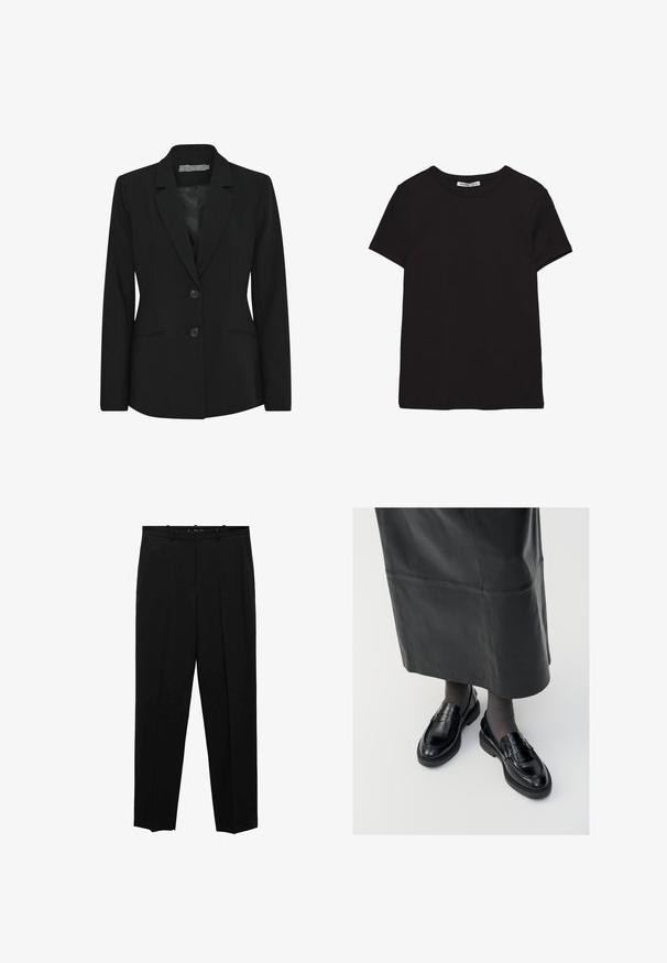 Sort blazer med en struktureret pasform, enkeltradet design, klapkrave, to frontknapper og sidelommer. Glat stofstruktur.; Sort kortærmet t-shirt i bomuld med rund halsudskæring, standard pasform og synlig indvendig halsmærkat.; Sorte skræddersyede bukser med lige ben design, der har frontfolder, en glat tekstur og standard talje med bæltestropper.; Sorte læder loafers med en glat finish, prydet med en dekorativ rem, rund tå og tekstureret sål. Båret med en lang sort læderskirt.