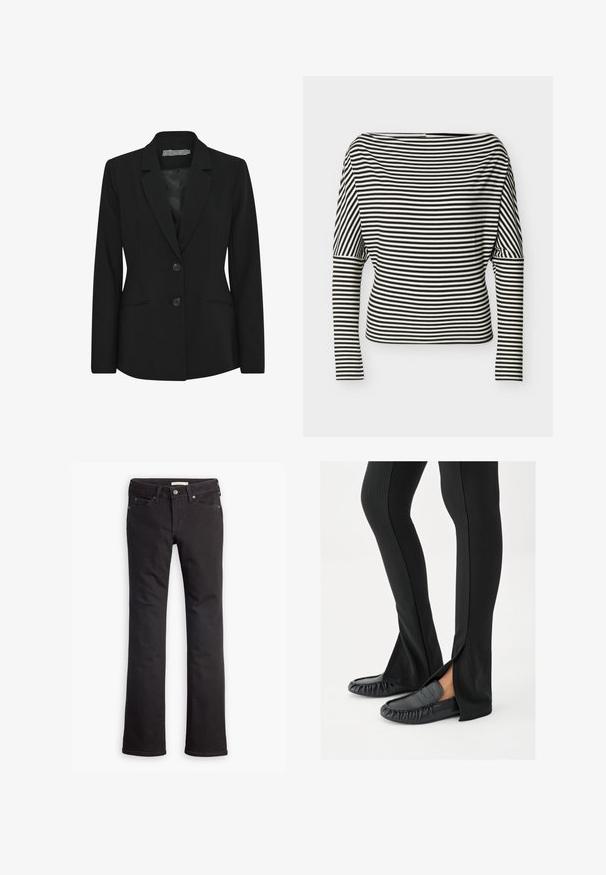 Blazer negro con un corte estructurado, diseño de un solo botón, solapas con muesca, dos botones en la parte delantera y bolsillos laterales. Textura de tela suave.; Top de manga larga con rayas horizontales en blanco y negro, escote de barco y mangas ajustadas sobre un fondo liso.; Jeans negros de mezclilla, con un diseño de pierna recta, cintura standard, cinco bolsillos y detalles de costura sutiles.; Piernas con pantalones negros acampanados con aberturas laterales, combinados con mocasines de cuero negro sobre un fondo blanco.