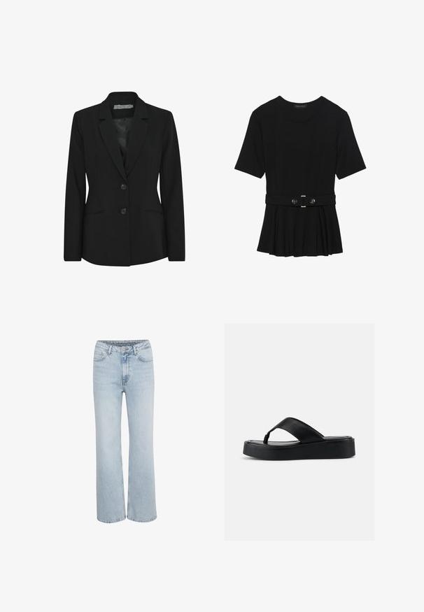 Čierny blazer so štruktúrovaným strihom, jednoradovým dizajnom, klopami a dvoma prednými gombíkmi, s bočnými vreckami. Hladká textúra látky.; Čierny krátky rukáv top vyrobený z hladkého materiálu, so strihom peplum a opaskom v páse so syntetickými guľatými striebornými gombíkmi.; Svetlomodré vysoké džínsy s širokých nohavicami, predným zapínaním na gombík a zips, a piatimi vreckami.; Čierna platformová žabková sandála s širokým koženým remienkom a mäkkou podrážkou, zobrazená z bočného pohľadu na jednoduchom svetlom pozadí.