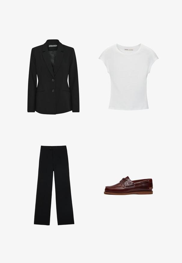 Čierny blazer so štruktúrovaným strihom, jednoradovým dizajnom, klopami a dvoma prednými gombíkmi, s bočnými vreckami. Hladká textúra látky.; Biele bavlnené tričko s krátkymi, stočenými rukávmi, okrúhlym výstrihom a rovnou lemovkou. Hladká textúra bez viditeľných vzorov alebo akcentov.; Čierne široké nohavice vyrobené z hladkej tkaniny, s predným zapínaním na gombík a dvoma záhybmi pre vylepšenie detailu. Celkový strih je prispôsobený.; Hnedá kožená lodná topánka so šnúrkami, detailmi stehov a logom Timberland na boku, zobrazená na bielom pozadí.