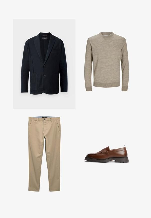 Blazer negro de hombre con solapas de muesca, dos botones, dos bolsillos frontales con parche y un bolsillo en el pecho, exhibido sobre un fondo blanco.; Suéter beige de manga larga con cuello redondo, puños y dobladillo acanalados, exhibido sobre un fondo blanco.; Chinos beige hechos de una mezcla de algodón; presenta bolsillos frontales, un cierre de botón y un diseño de pierna recta. Textura suave y mate.; Mocasín marrón de cuero con suela negra gruesa, costuras tipo mocasín y lengüeta en el talón, mostrado desde el lado externo sobre un fondo blanco.