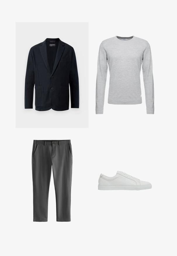 Blazer negro de hombre con solapas de muesca, dos botones, dos bolsillos frontales con parche y un bolsillo en el pecho, exhibido sobre un fondo blanco.; Jersey gris claro, de mangas largas, con cuello redondo, textura suave, diseño minimalista, pequeña etiqueta de logo en el bajo izquierdo.; Pantalones entallados gris oscuro con trabillas para cinturón, cierre frontal con botón y cremallera, y bolsillos laterales inclinados, mostrados sobre un fondo blanco.; Reiss REGULAR FIT - LUCA TUMBLED - Zapatillas - white