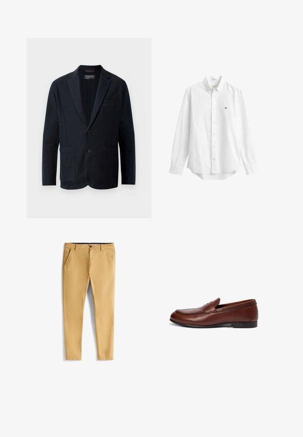 Blazer negro de hombre con solapas de muesca, dos botones, dos bolsillos frontales con parche y un bolsillo en el pecho, exhibido sobre un fondo blanco.; Camisa blanca de manga larga con botones, con cuello y pequeño logo bordado en el pecho izquierdo, presentada sobre un fondo liso.; Chinos de color amarillo claro con una textura suave, que cuentan con dos bolsillos laterales, un cierre delantero con botón y un diseño de pierna ajustada.; Mocasín de cuero marrón con punta redondeada, detalles cosidos y una pequeña correa superior. Acabado liso con un tacón bajo y rectangular.