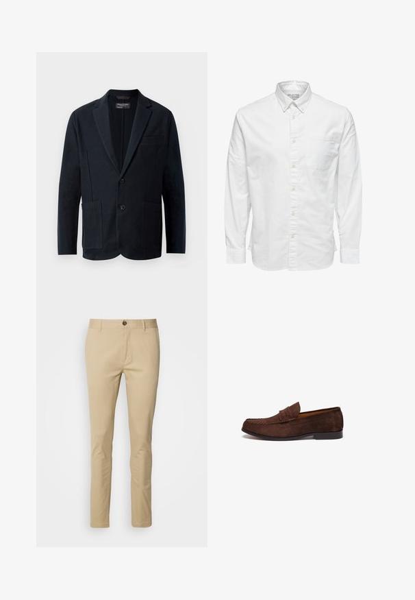 Blazer negro de hombre con solapas de muesca, dos botones, dos bolsillos frontales con parche y un bolsillo en el pecho, exhibido sobre un fondo blanco.; Camisa blanca de manga larga con botones, cuello y bolsillo en el pecho, con la etiqueta "Selected Homme" en el interior del cuello.; Chinos beige de corte slim, fabricados en algodón. Presentan un cierre de botón, trabillas para el cinturón y detalles de costura sutiles en los bolsillos.; Mocasines de ante marrón con detalles de costura, suela plana y cuello elevado. Textura suave y diseño minimalista.