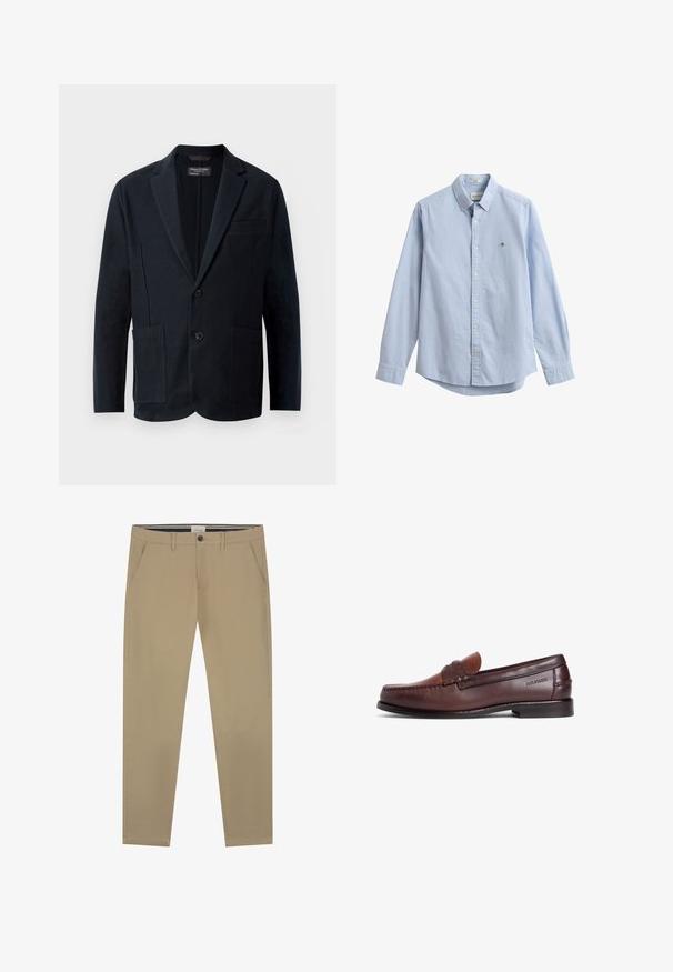 Blazer negro de hombre con solapas de muesca, dos botones, dos bolsillos frontales con parche y un bolsillo en el pecho, exhibido sobre un fondo blanco.; Camisa azul claro de manga larga con botones, cuello abotonado y pequeño logo bordado en el pecho izquierdo.; Chinos beige confeccionados en suave algodón, con un diseño de pierna recta, un cierre de un solo botón y dos bolsillos laterales. Detalles de costura sutil.; Mocasín de cuero marrón con acabado liso, con una correa decorativa y detalles de costura. Tacón bajo y diseño de punta redondeada.