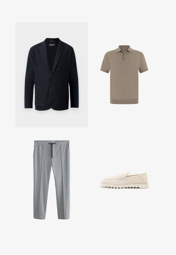 Blazer negro de hombre con solapas de muesca, dos botones, dos bolsillos frontales con parche y un bolsillo en el pecho, exhibido sobre un fondo blanco.; Polo en topo con acabado texturizado, mangas cortas y cuello. Cuenta con una tapeta de tres botones y puños acanalados.; Pantalones gris claro de pierna recta con cintura de cordón y bolsillos laterales, mostrados planos sobre un fondo blanco.; Mocasín beige de ante sin cordones con suela de goma blanca dentada y parche liso en el talón, mostrado en perfil lateral sobre fondo blanco.