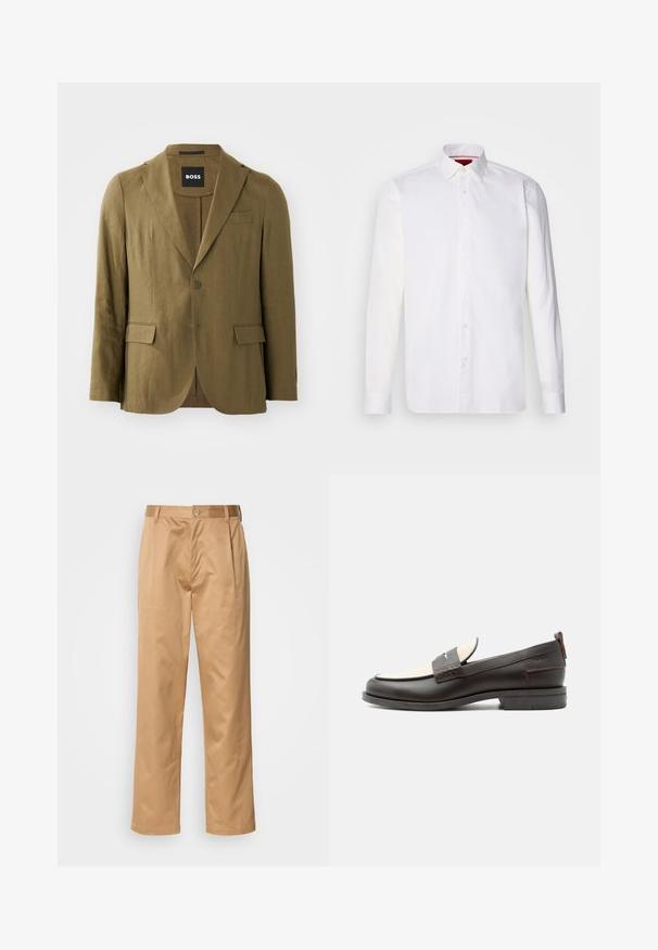 Olijfgroene blazer van textuurstof, met een notch lapel, twee knopen en twee voorzakken; tailored fit met een enkele split.; Witte overhemd met lange mouwen van katoen, met een klassieke kraag, een voorkant met knopen en een gladde textuur. Rode details aan de binnenkant van de kraag.; Khaki broek, katoenmix, recht model, voorplooien, riemlussen en knoopsluiting. Gladde textuur zonder patronen.; Donkerbruine leren herenloafer met crèmekleurig stoffen paneel en klassiek doorgestikt riemdetail, platte zool en trekhaak bij de hak.