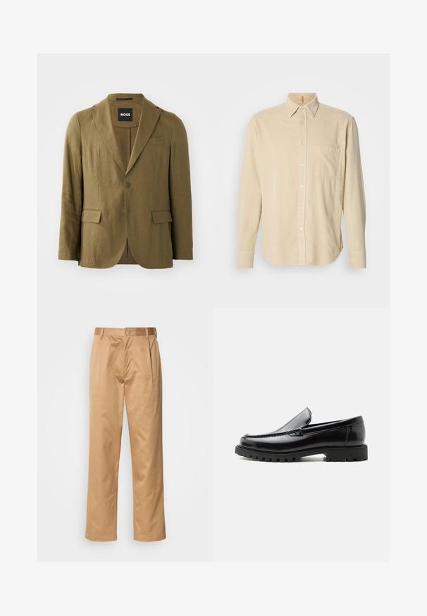 Olijfgroene blazer van textuurstof, met een notch lapel, twee knopen en twee voorzakken; tailored fit met een enkele split.; Beige corduroy overhemd met lange mouwen, kraag, voorzak, knoopsluiting en textuur van verticale lijnen. Rond afgewerkte zoom en met knopen sluitende manchetten.; Khaki broek, katoenmix, recht model, voorplooien, riemlussen en knoopsluiting. Gladde textuur zonder patronen.; Zwarte leren loafer met dikke rubberen zool, gestikte bovenkant en gegraveerde merknaam op de hiel, zijaanzicht op witte achtergrond.