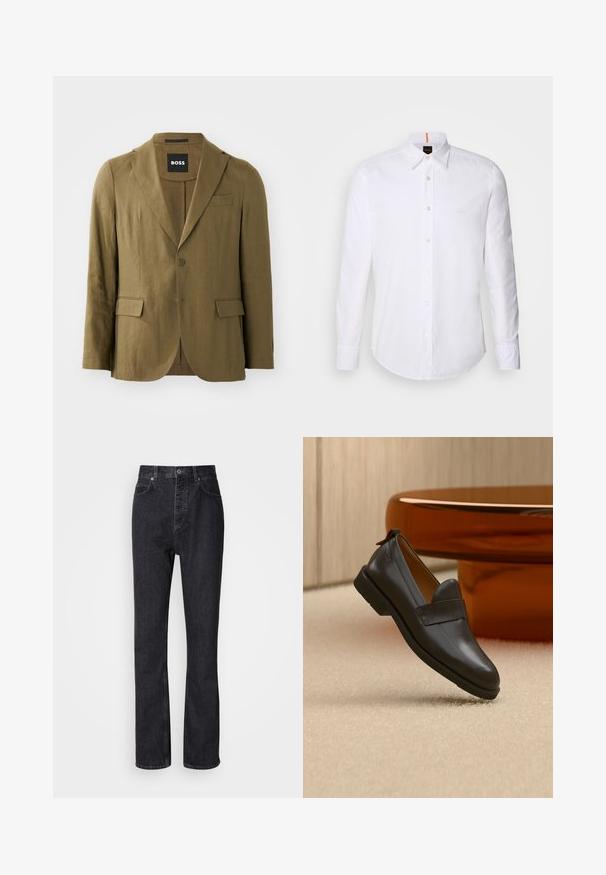 Olijfgroene blazer van textuurstof, met een notch lapel, twee knopen en twee voorzakken; tailored fit met een enkele split.; Witte langwerpige overhemd met lange mouwen van katoen, met een klassieke kraag, een subtiel logo dicht bij de borst en witte knopen.; Hoge taille zwarte denim jeans met een knoop- en ritssluiting, voor- en achterzakken en een rechte pasvorm.; Zwarte leren loafer met lage hak zwevend boven een beige tapijt, naast een glanzende amberkleurige tafel in een minimalistische kamer.