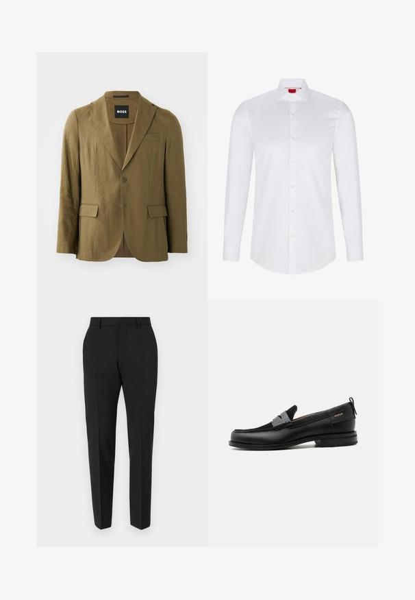 Olijfgroene blazer van textuurstof, met een notch lapel, twee knopen en twee voorzakken; tailored fit met een enkele split.; Witte lange mouwen knoopsluiting shirt gemaakt van soepel katoen. Beschikt over een klassieke kraag, volledige knoopsluiting en afgeronde zoom.; Zwarte broek met een maatwerkontwerp, met een vlakke voorkant, plooidetails en een slanke pasvorm. Gemaakt van een gladde stof voor een verfijnde uitstraling.; Zwarte leren loafer met grijs riemdetailelement, lage hak en gestructureerde zool, aan de zijkant gebrandmerkt met "HUGO" in goud.