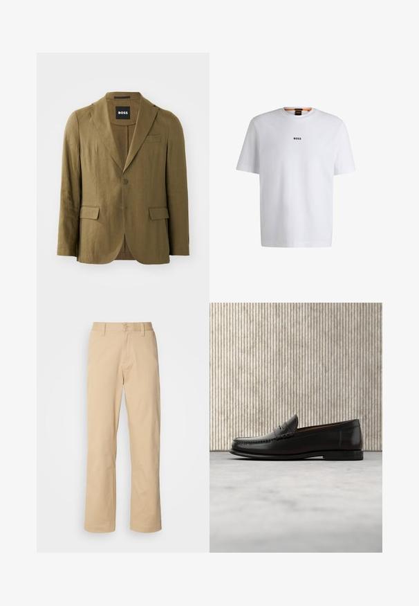 Olijfgroene blazer van textuurstof, met een notch lapel, twee knopen en twee voorzakken; tailored fit met een enkele split.; Witte katoenen T-shirt met korte mouwen, voorzien van een zwart "BOSS"-logo in het midden van de borst en een ronde halsontwerp.; HUGO ZAYN - Broek - medium beige; Zwarte leren penny loafer met lage hak, afgeronde neus en gestikte details langs de voorkant en zijkanten, afgebeeld op een neutrale achtergrond.