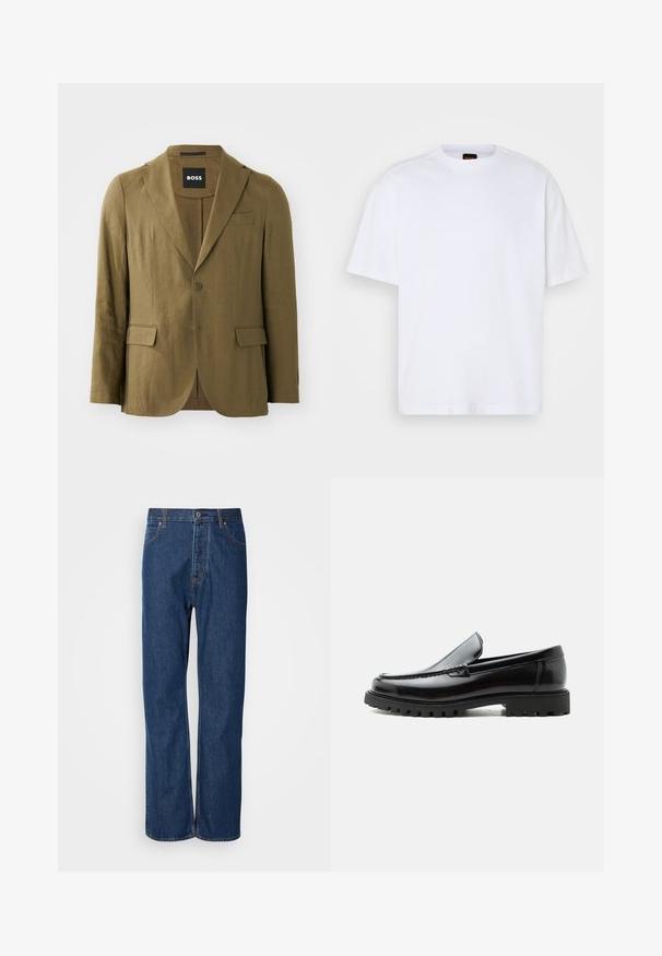 Olijfgroene blazer van textuurstof, met een notch lapel, twee knopen en twee voorzakken; tailored fit met een enkele split.; Witte katoenen T-shirt met ronde hals, korte mouwen en een ontspannen pasvorm. Heeft textuur op de schoudernaden voor extra detail.; Blauwe denim jeans met een recht gesneden ontwerp, voorzien van een knoopsluiting, vijf zakken en contrasterende stiksels langs de naden.; Zwarte leren loafer met dikke rubberen zool, gestikte bovenkant en gegraveerde merknaam op de hiel, zijaanzicht op witte achtergrond.