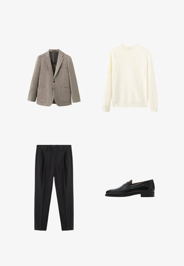 Gray herringbone blazer with notched lapels, two front pockets, single-button closure, and a textured fabric. Inner lining is dark.; Light cream sweater, ribbed texture, crew neckline, long sleeves, and straight hem. Soft fabric without visible patterns or accents.; Black tailored trousers with belt loops, pleats at the front, side pockets, and a slim, tapered leg design.; Black leather penny loafer with low heel, rounded toe, and a strap across the upper part of the shoe.