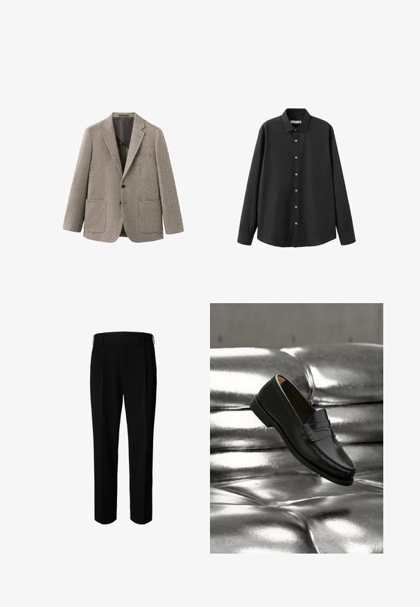 Gray herringbone blazer with notched lapels, two front pockets, single-button closure, and a textured fabric. Inner lining is dark.; Black long-sleeve shirt, button-down design, made of smooth fabric, features a collar, six buttons down the front, and a straight hem.; Black formal trousers with belt loops, front button, and zip closure, displayed against white background.; Black leather loafer shoe floating above a shiny silver tufted leather sofa in a minimalistic setting.