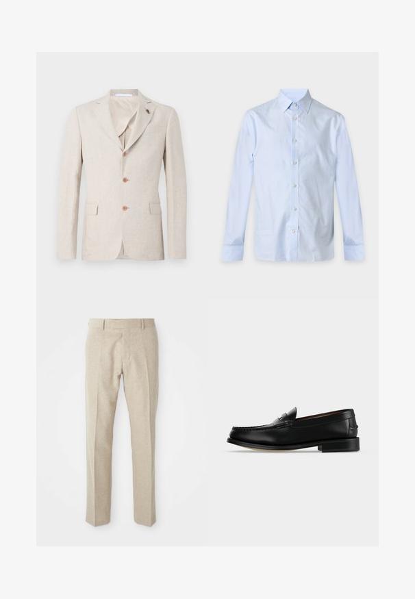 Blazer de lino beige con solapa muesca, tres botones marrones y dos bolsillos frontales. Forro interior de tejido ligero, textura suave.; Camisa azul claro de manga larga con botones, cuello puntiagudo y botones blancos, mostrada sobre un fondo liso.; Pantalones beige ajustados hechos de una tela texturizada, con un frente plano, piernas rectas y una cintura tradicional con pasadores para cinturón.; Mocasín masculino de cuero negro con tacón bajo y costura estilo mocasín en la puntera, mostrado de lado sobre un fondo liso.