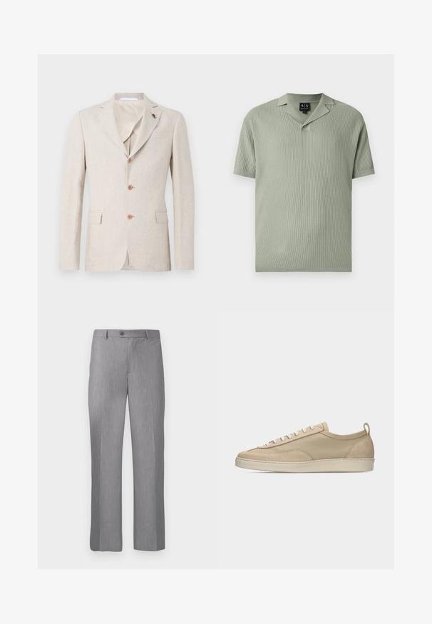 Beige linned blazer med reverskrave, tre brune knapper og to brystlommer. Indvendig foret med let stof, glat tekstur.; Lys grøn kortærmet strik polo shirt med et tekstureret mønster og en knap under den åbne krave.; Grå skræddersyede bukser med bælte-løkker, frontknap og lynlås, med lige ben.; Beige lavtop sneakers med overdel i stof og ruskind, hvide snørebånd, gummisål og hælstrækkehank, vist i sideprofil på hvid baggrund.