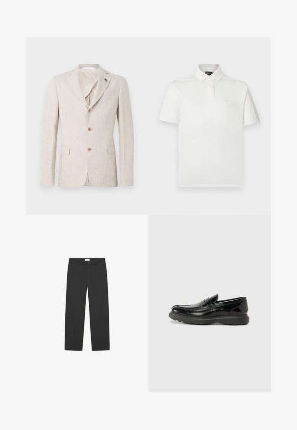 Beige linned blazer med reverskrave, tre brune knapper og to brystlommer. Indvendig foret med let stof, glat tekstur.; Hvid polo lavet af blødt bomuld, med klassisk krave, korte ærmer og et lille logo på brystet. Glat tekstur.; Sorte bukser lavet af letvægtigt stof. Har et lige ben-design med flad front, sidelommer og en diskret elastisk talje.; Sort læderloafer med en blank finish, rund tå, subtile syninger og en tyk gummisål for holdbarhed.