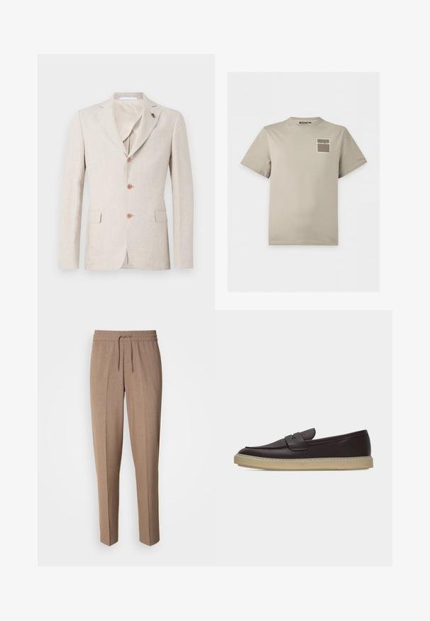Beige linned blazer med reverskrave, tre brune knapper og to brystlommer. Indvendig foret med let stof, glat tekstur.; Beige kortærmet T-shirt med rund halsudskæring og et lille firkantet logo med teksten "Michael Kors" på venstre bryst.; Brune, vævede bukser med en afslappet pasform, snøre i taljen og frontfald. Lige ben og ingen synlige lommer eller metaldele.; Mørkebrun læderloafer med beige gummisål og slip-on-design, vist i sideprofil på hvid baggrund.