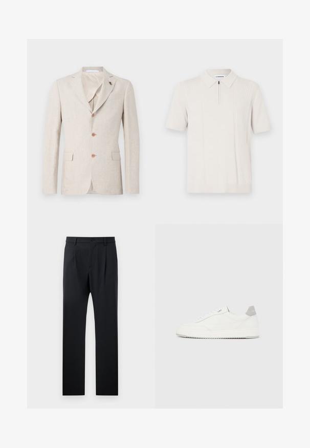 Beige linned blazer med reverskrave, tre brune knapper og to brystlommer. Indvendig foret med let stof, glat tekstur.; Cremefarvet polo med korte ærmer og lynlåslukning i kraven, med et tekstureret stribemønster lodret på begge sider og en ribbet kant.; Sort bukser med en skræddersyet pasform, der har en glat tekstur, lige ben og en enkelt knaplukning i taljen.; Hvid lavtop-sneaker med gråt hælflig, hvide snørebånd og tekstureret sål, vist på en ensfarvet lys baggrund.
