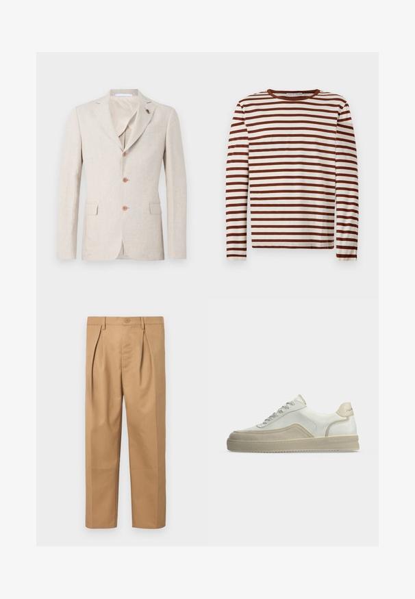 Blazer de lino beige con solapa muesca, tres botones marrones y dos bolsillos frontales. Forro interior de tejido ligero, textura suave.; Camiseta de manga larga con cuello redondo, de rayas horizontales marrones y blancas, fabricada en un tejido suave, dispuesta sobre un fondo claro.; Pantalones de algodón color canela con un corte holgado, diseño plisado, cinturilla con cierre de botón y pernera recta. Textura suave sin patrones.; Zapatilla blanca de caña baja con detalles en ante beige, cierre de cordones frontal y lengüeta de talón con marca sobre un fondo claro y sencillo.